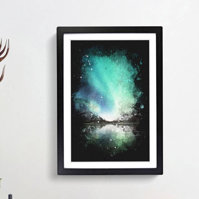 Northern Lights over Skagsanden Beach - Picture Frame Graphic Art Print - Black Framed (45cm H x 33cm W x 2cm D)