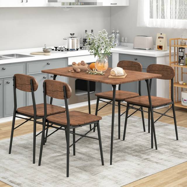 5 PCS Rustic Dining Table Set w/ 4 Chairs with Backrest & Metal Legs