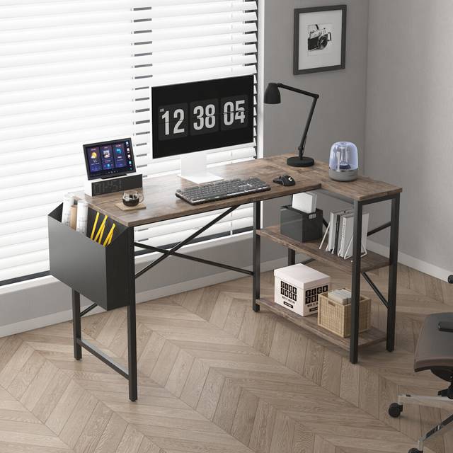 (100CM, Distressed grey) Corner Desk L Shaped Reversible With Bookshelf