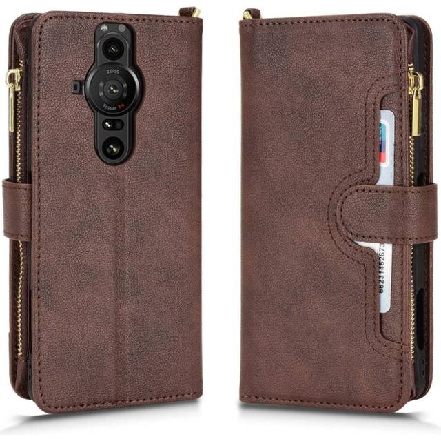 (Brown) Case For Sony XPERIA PRO-1 Card Holder Leather Cover Magnetic PU Leather Flip Zipper Wallet