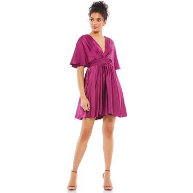 Mac Duggal Satin Flowy Cape Sleeve Mini Dress