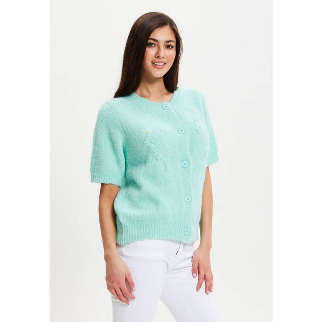 Womens Turquoise Knitted Floral Short Sleeve Cardigan - Green - One Size