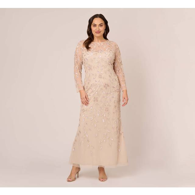 Plus Size Illusion Floral Beaded Gown With Sheer Long Sleeves In Latte - 14