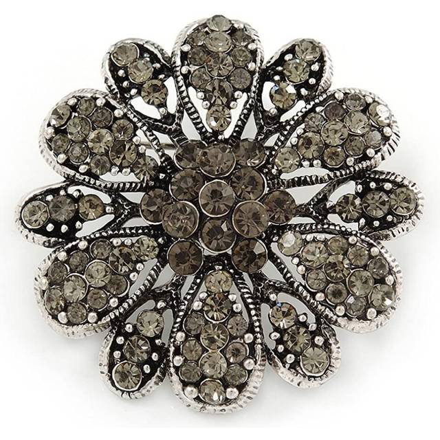 Avalaya Vintage Inspired Grey Coloured Austrian Crystal Floral Brooch in Antique Silver Tone - 43mm D