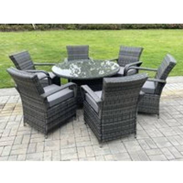 Outdoor Rattan Garden Furniture Dining Set Table And Chair Set Wicker Patio 6 Chairs Plus Round Table - Dark Grey - One Size
