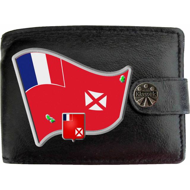 (Standard) Wallis and Futuna Flag Map COA Mens Wallet Chain Leather Coin Pocket Klassek RFID Blocking Credit Card Slots and Metal Gift Box