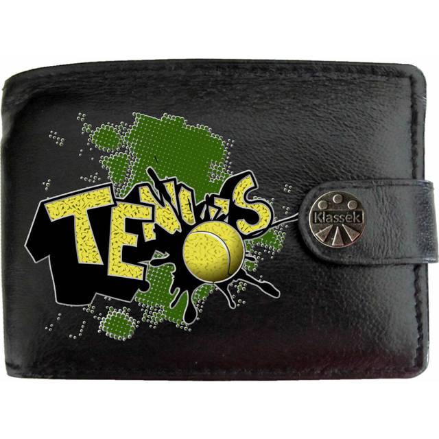 (Standard) Tennis Word Coloured Text Sport Mens Wallet Chain Leather Coin Pocket Klassek RFID Blocking Credit Card Slots and Metal Gift Box