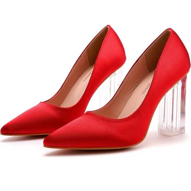 (US9.5/10 UK7.5 AU9 EUR42 26cm, Red) 9cm Crystal High Heels Pointed Toe Prom Shoes Women Satin Bridal Wedding Pumps