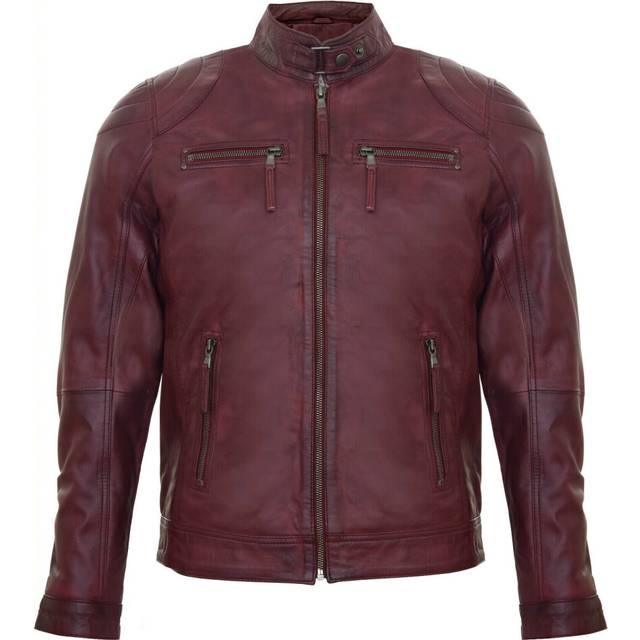 (S) Mens Burgundy Leather Retro Zipped Racing Jacket
