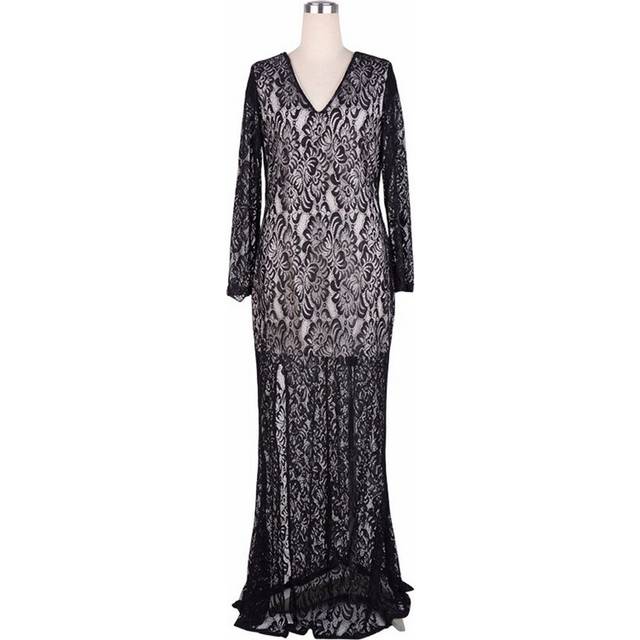 (BLACK, 28) Full Lace Fishtail Maxi Long Gown Evening Cocktail