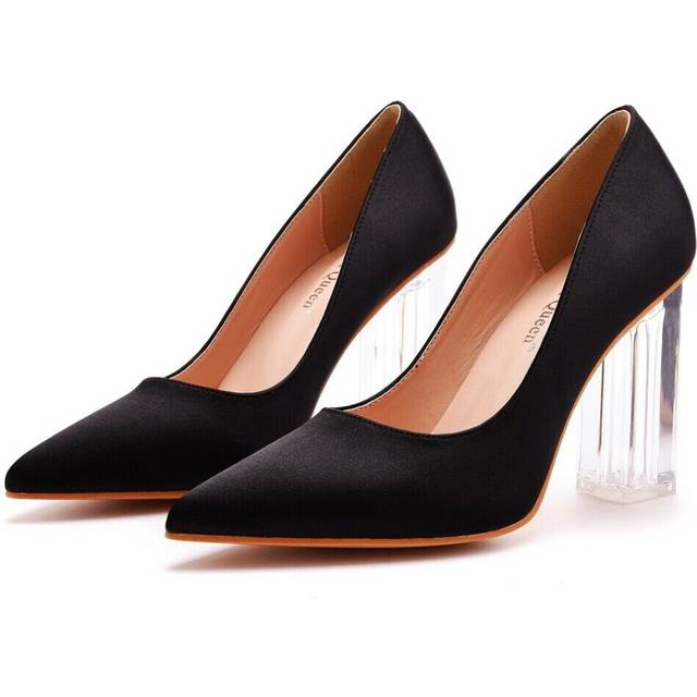 (US5 UK3.5 AU5 EUR36 23cm, Black) 9cm Crystal High Heels Pointed Toe Prom Shoes Women Satin Bridal Wedding Pumps