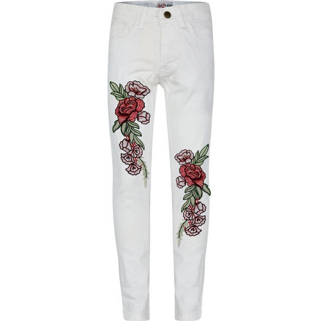 (9-10 Years, White) Kids Girls Jeans Roses Embroidered Mid White Pant
