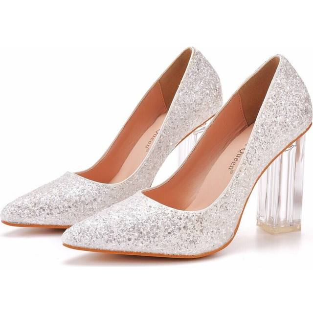 (US8.5 UK6.5 AU8 EUR40 25cm, White Sequins) 9cm Crystal High Heels Pointed Toe Prom Shoes Women Satin Bridal Wedding Pumps