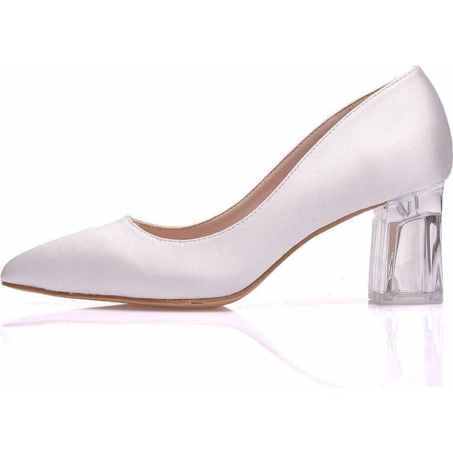 (US7/7.5 UK5 AU7 EUR38 24cm, White 6.5cm heel) 9cm Crystal High Heels Pointed Toe Prom Shoes Women Satin Bridal Wedding Pumps