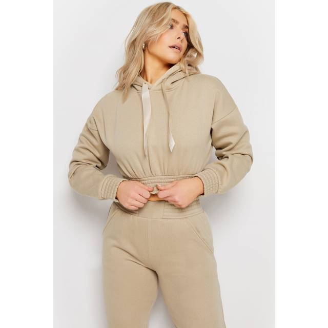 Beige Brown Satin Drawstring Cropped Hoodie Extra Small Pixiegirl Regular | Petite Women's Hoodies & Sweatshirts - XS