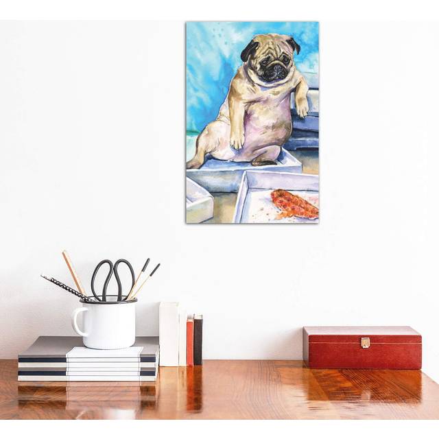 Pug and Pizza by George Dyachenko - Wrapped Canvas Painting Print (30.48 cm H x 45.72 cm W)