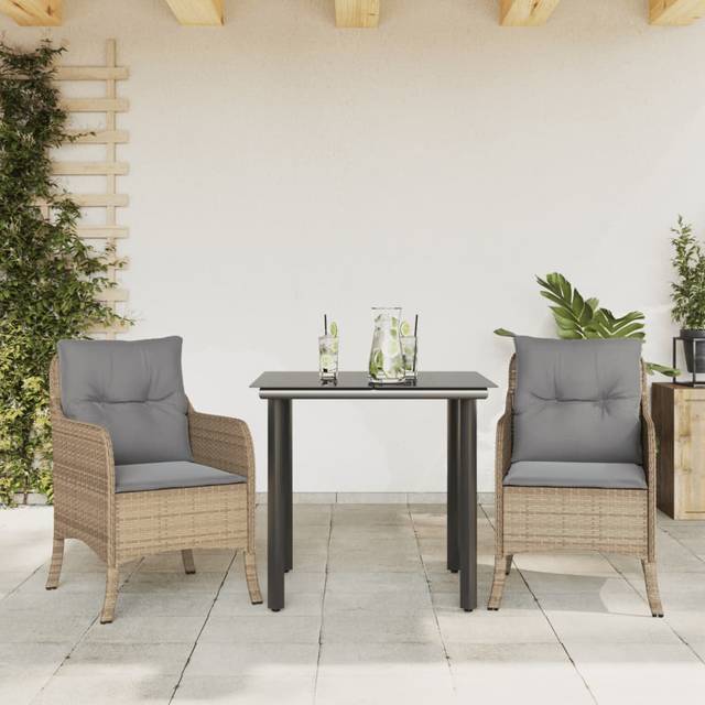 Matgrupp för trädgården 3 delar med dynor beige konstrotting
