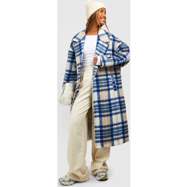 Womens Oversized Check Wool Look Coat - Blue - 10