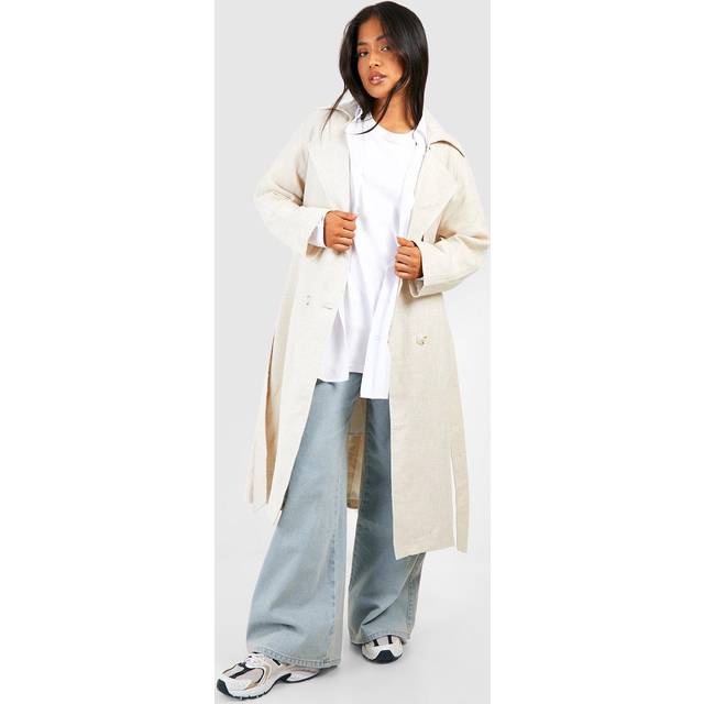 Womens Petite Linen Look Belted Trench Coat - Beige - 16