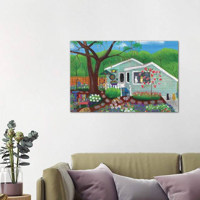 Cats and Dog at Garden Folk Art House by Cheryl Bartley - Wrapped Canvas Graphic Art Print (66.04cm H x 101.6cm W x 3.81cm D)