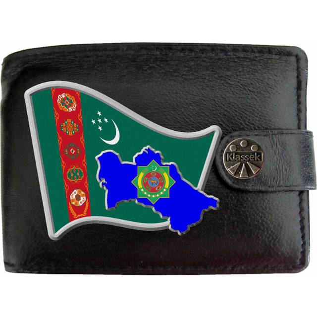(Standard) Turkmenistan Flag TURKMEN Map COA Mens Wallet Chain Leather Coin Pocket Klassek RFID Blocking Credit Card Slots and Metal Gift Box