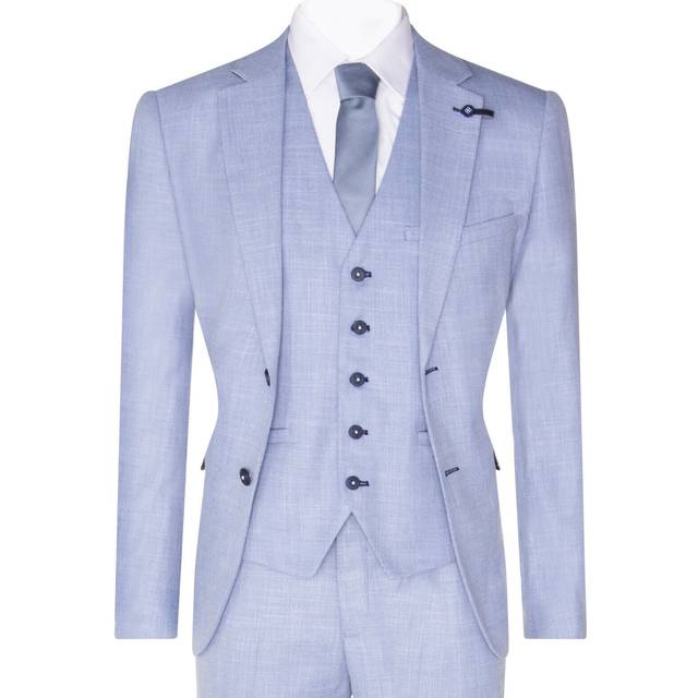 Infinity Leather Mens 3 Piece Linen Suit Light Blue Summer Tailored Fit Wedding Prom Classic - Size 38 (Chest)