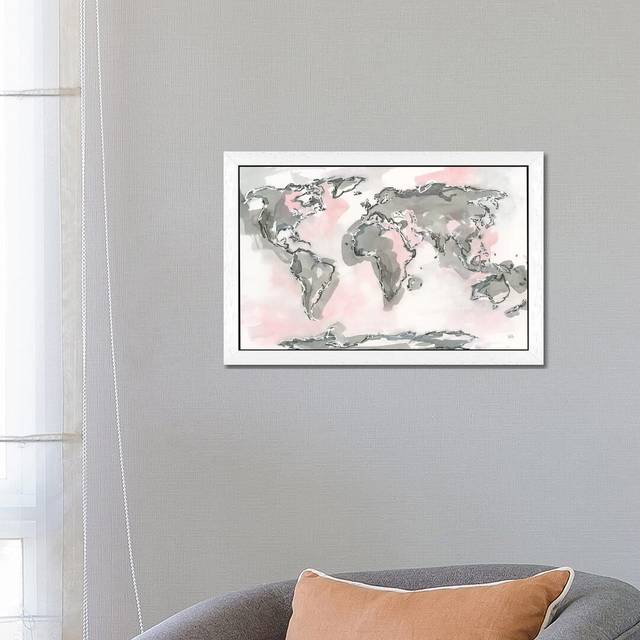 'World Map Blush' by Chris Paschke - Floater Frame Painting Print on Canvas - White Floater Framed (152.5 cm H x 101.5 cm W)