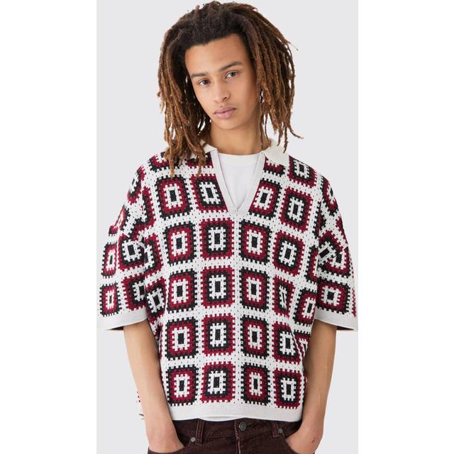 Oversized Boxy Crochet Knit Polo In Black - S