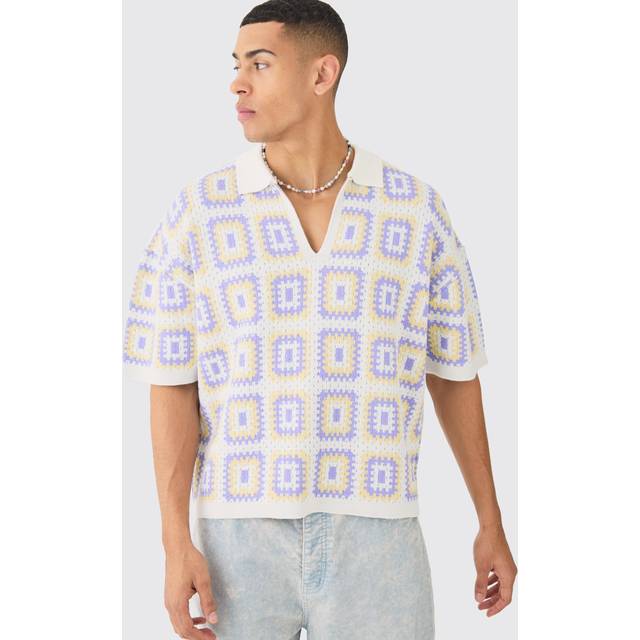Oversized Boxy Crochet Knit Polo In White - XL