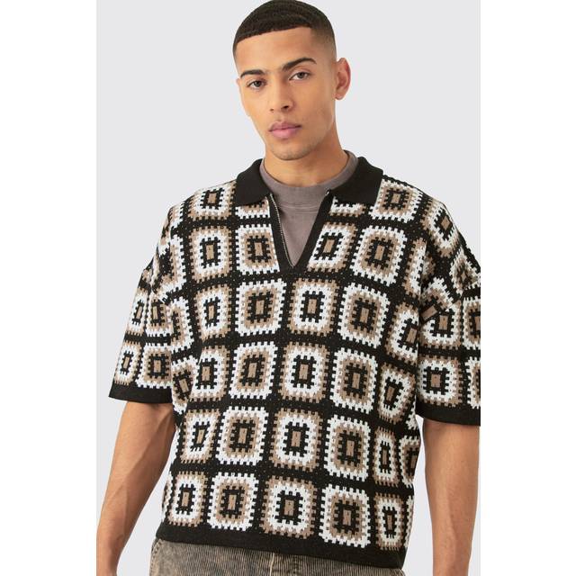 Oversized Boxy Crochet Knit Polo In Black - XS