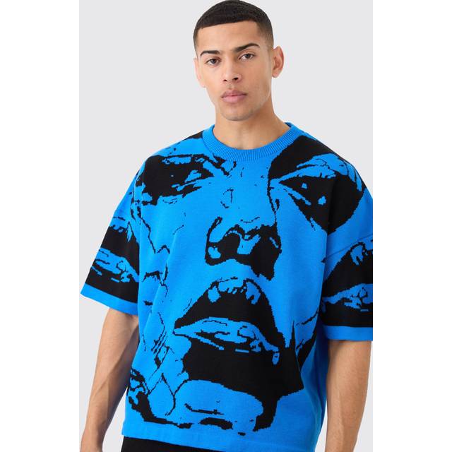 Oversized Line Drawing Knitted T-shirt - Blue - M