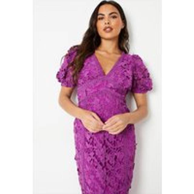 Lace Pencil Midi Dress With Puff Sleeve - Purple - 8