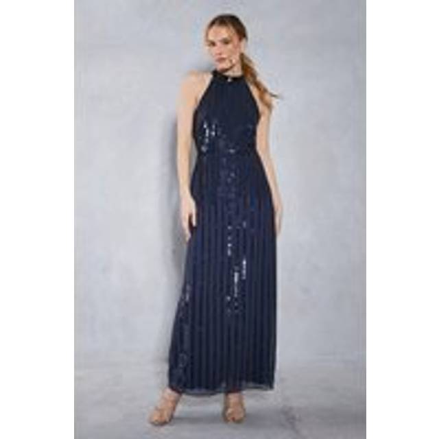 Oasis Womens Petite Linear Sequin Halter Neck Maxi Dress - Navy - Size 12 UK