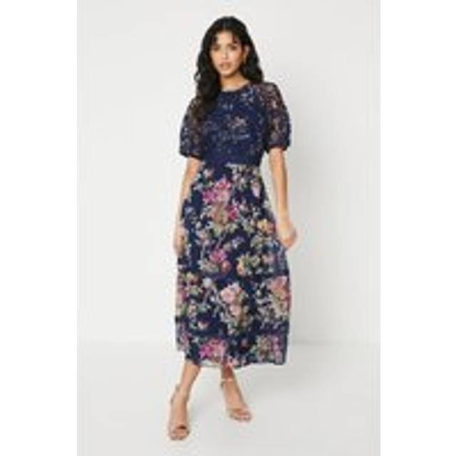 Oasis womens midi dress navy floral lace overlay puff sleeves