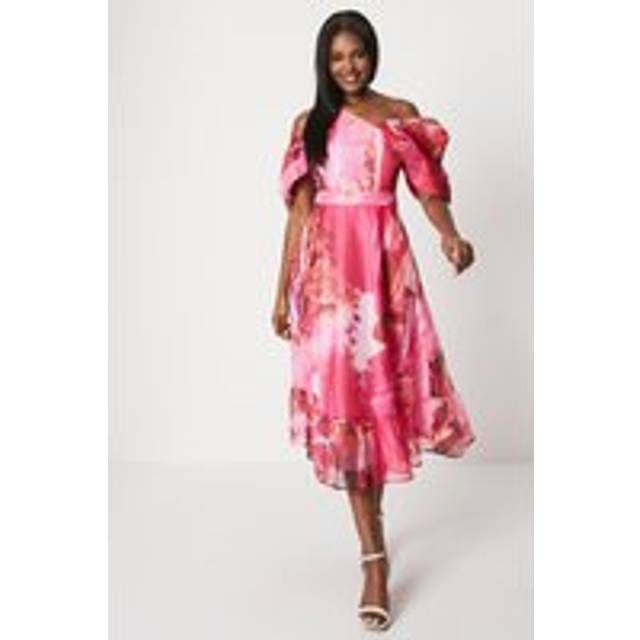 Coast womens midi dress berry off shoulder organza puff sleeves