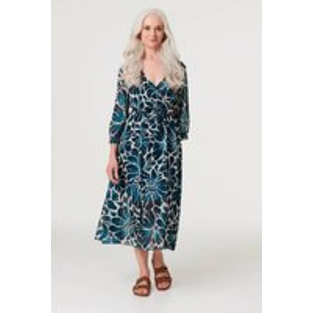 Izabel London Womens Green Floral Semi Sheer V-Neck Midi Dress - Size Large