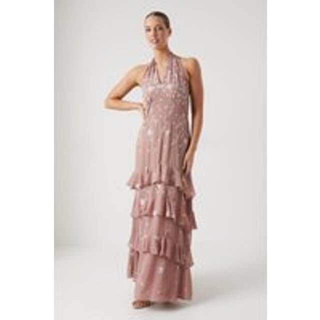 Trailing Floral Embroidered Tie Back Bridesmaid Maxi Dress - Pink - 10