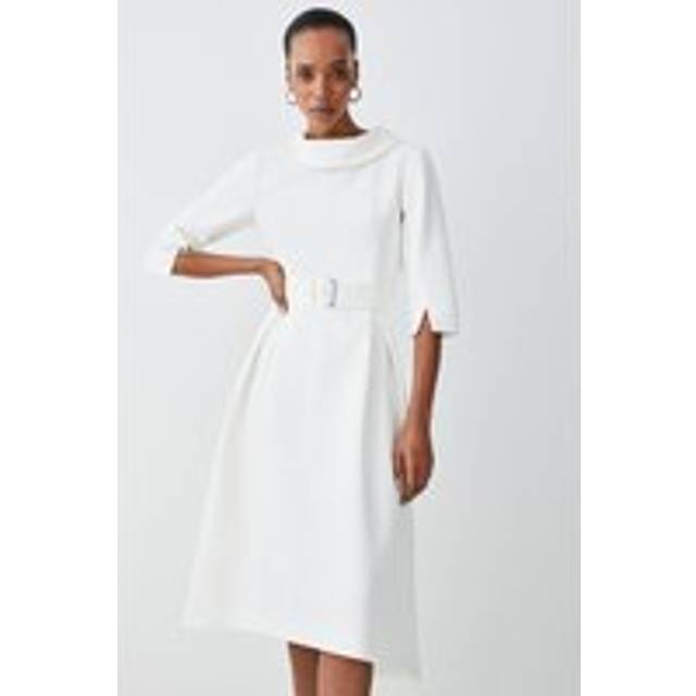 Structured Crepe Roll Neck Dip Hem Midi Dress - Ivory