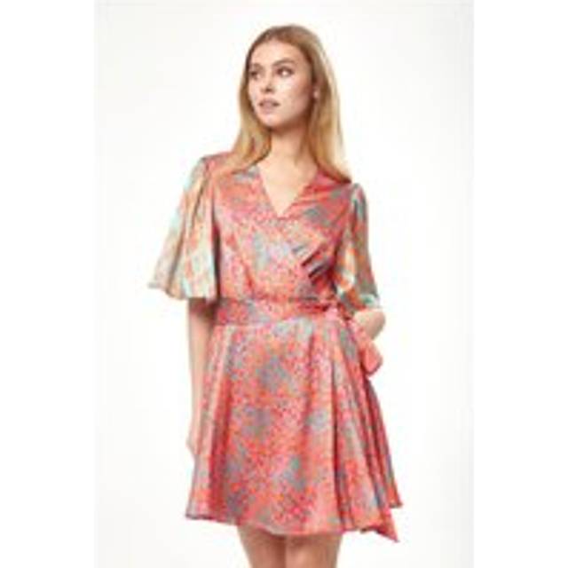Womens Orange Printed Mini Wrap Dress with Kimono Sleeves - 12