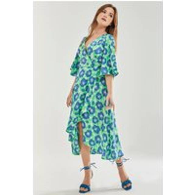 Womens Blue Floral Midi Wrap Dress with Kimono Sleeves in Green - 16