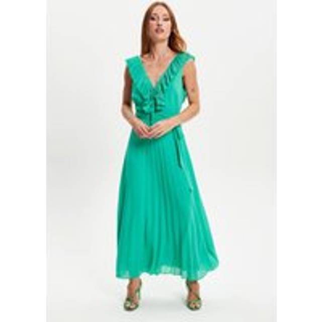Womens Frilled V Neck Sleeveless Pleated Maxi Dress - Green - 14