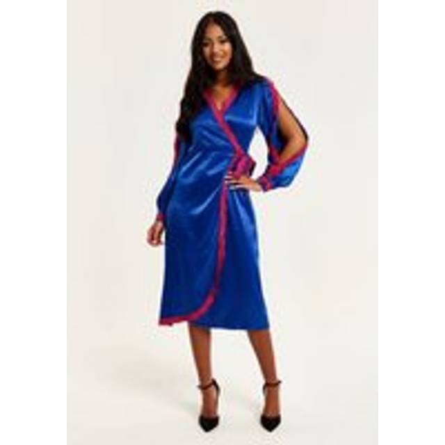 Womens Royal Blue Satin Midi Wrap Dress - 8