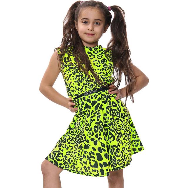 (13 Years, Leopard Neon Yellow) Kids Girls Skater Dress Neon Color Leopard Print