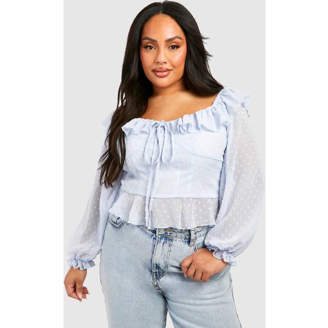 Womens Plus Ruffle Bardot Dobby Peplum Top - Blue - 24, Blue