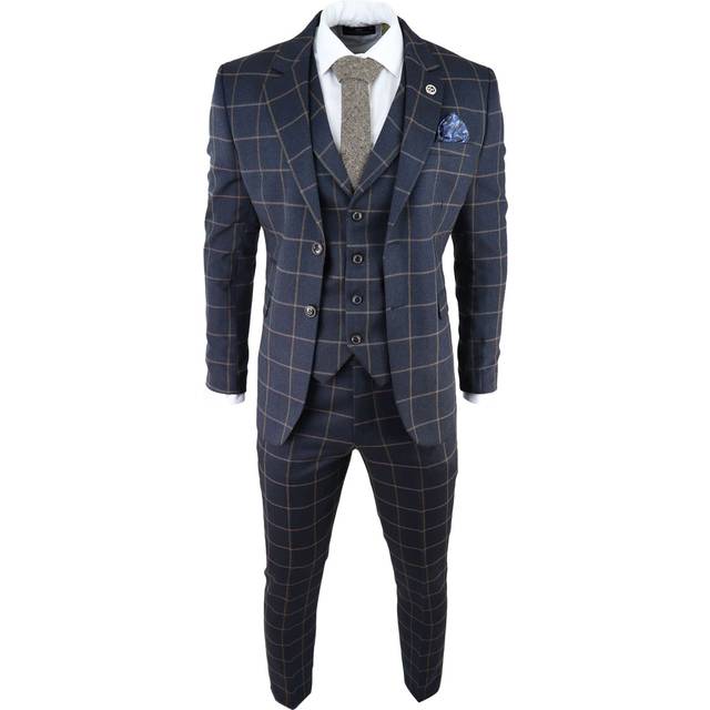 AK Collection Herringbone Tweed 3 Piece Suit - Navy - 40R