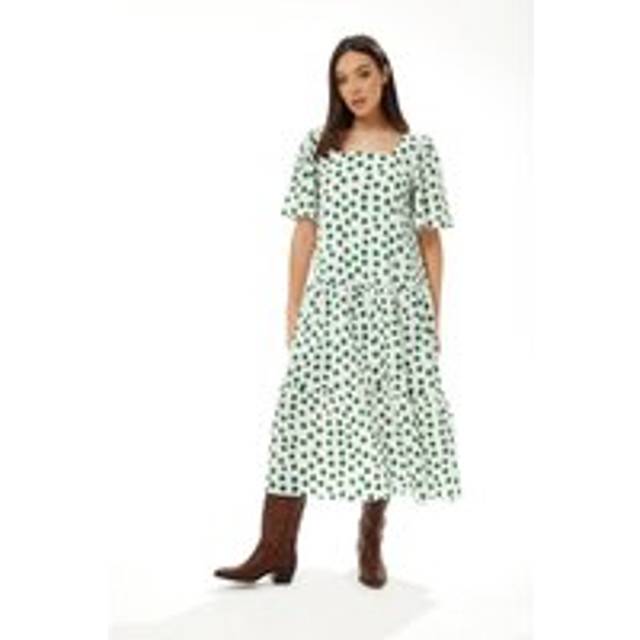 Womens A Line Midi Dress in Green Polka Dot - White - 10