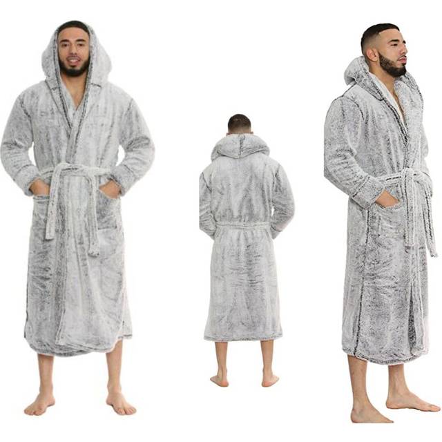 Mens Hooded Dressing Gown Plush Fluffy Soft Warm Fleece Bathrobe Gift - Grey (M)