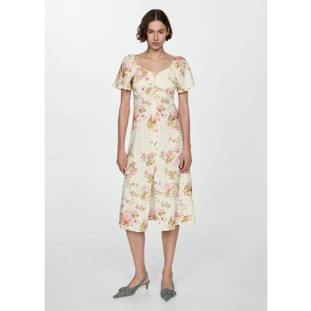 Mango Floral Pint Linen Midi Dress Ecru - Mango - Size: 8