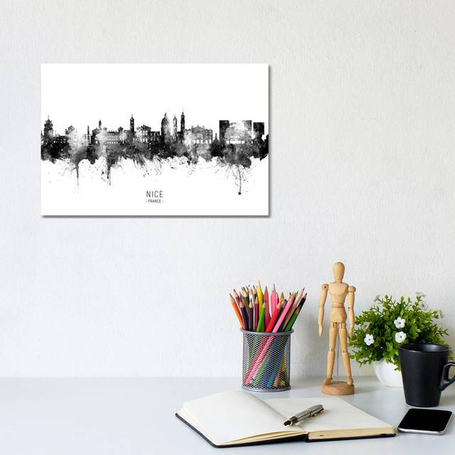 Nice France Skyline Name Bw by Michael Tompsett - Wrapped Canvas Painting (20.32cm H x 30.48cm W x 1.91cm D)