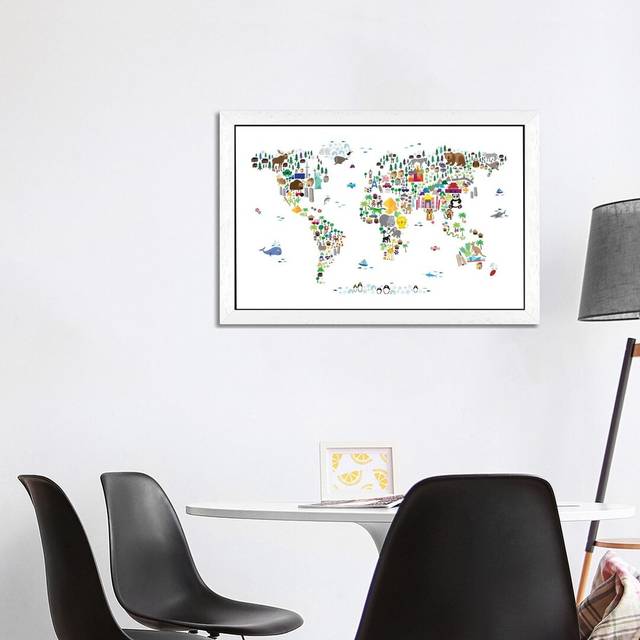 Animal Map of the World by Michael Tompsett - Graphic Art Print on Canvas - White Framed (101.6 cm H x 66.04 cm W)